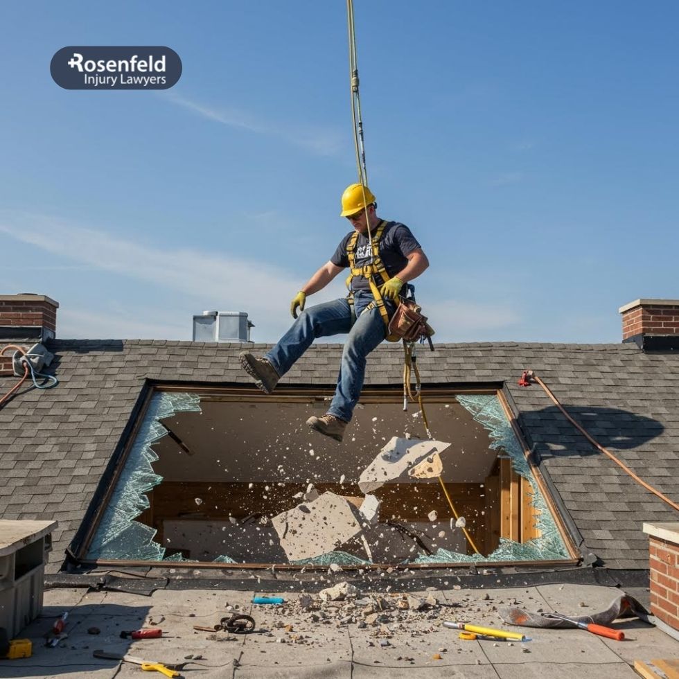 Scene of a construction worker injury caused by a skylight accident on a roof